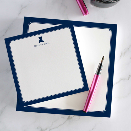 Personalized teddy bear notepad with navy border and custom name, featuring high-quality square design perfect for gifting or nursery use